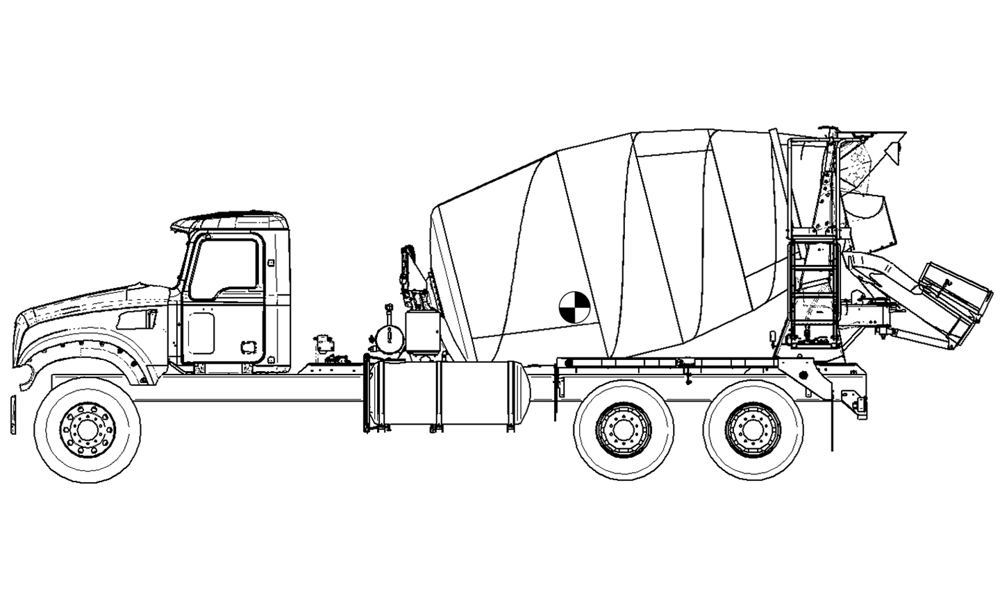 A black and white engineering sketch of an INTEGRALdx concrete redi-mix truck from the side. There is a center of gravity symbol located on the picture.