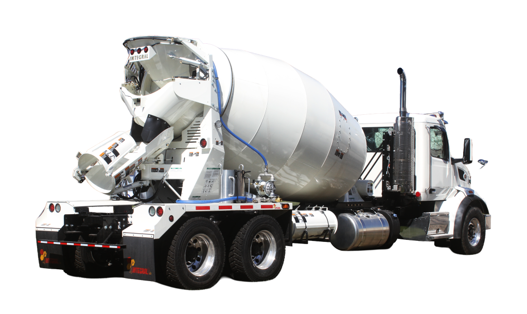A conventional INTEGRALdx concrete redi-mix truck from the right rear side.