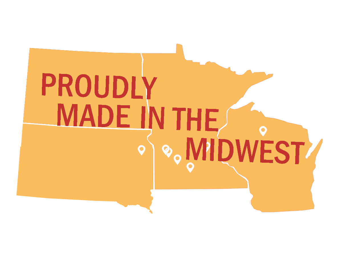 An image of Minnesota and Wisconsin in gold. Maroon text reads: proudly made in the midwest. There are two blips on the map for our New Ulm and Prentice manufacturing facilities.
