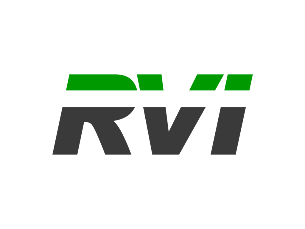 The logo for RVI, Inc. The top of each letter is green. Then, there is a gap between the green and the dark gray of the bottom half fo the letters.
