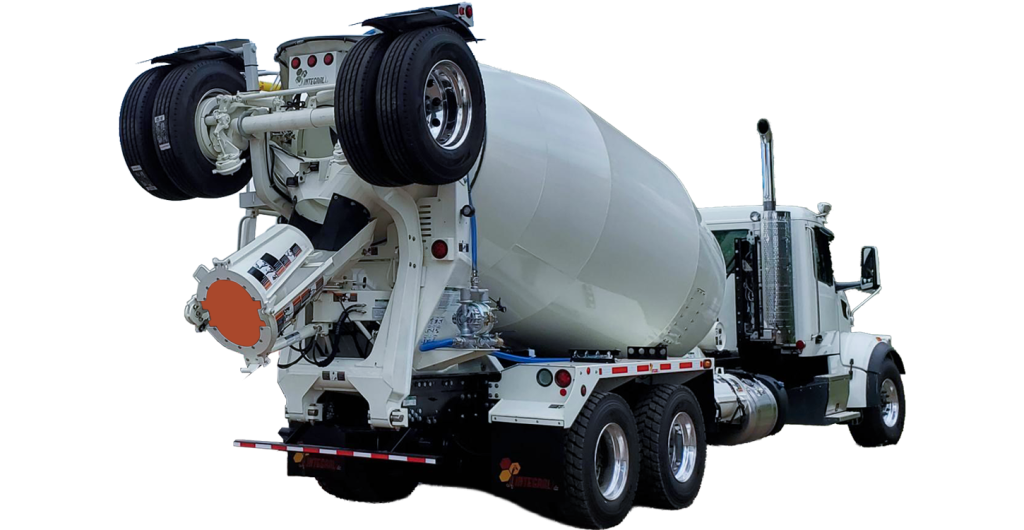 A 14 cubic yard EASI REDI-Mix Truck with a booster, taken from the right rear side.
