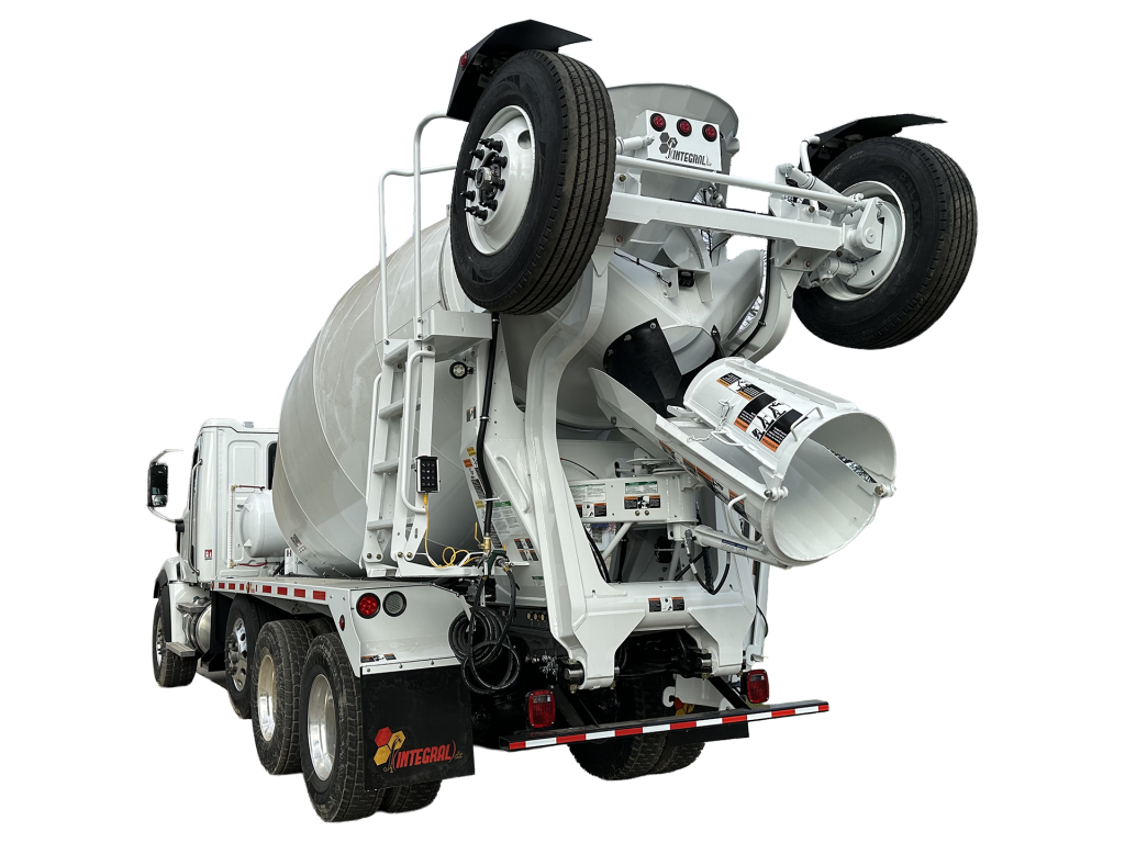 An INTEGRALdx concrete redi-mix truck with a booster from the left rear side.