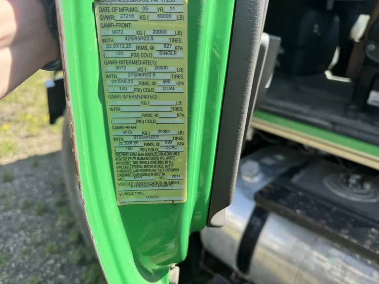 The VIN label of an EASI REDI-Mix Truck